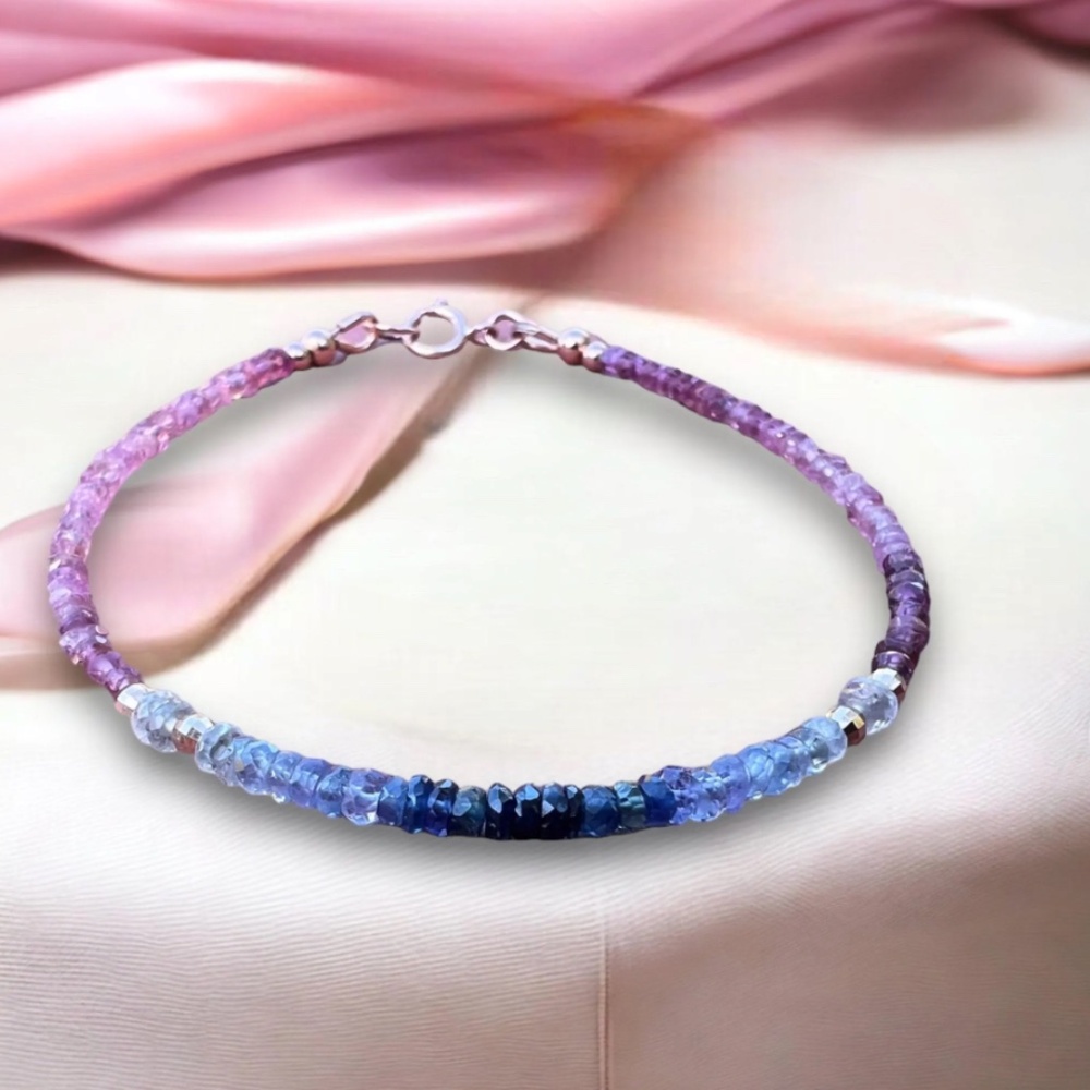 Handmade Solid 14k Rose Gold Natural Pink Tourmaline , Ombre Sapphire Bracelet